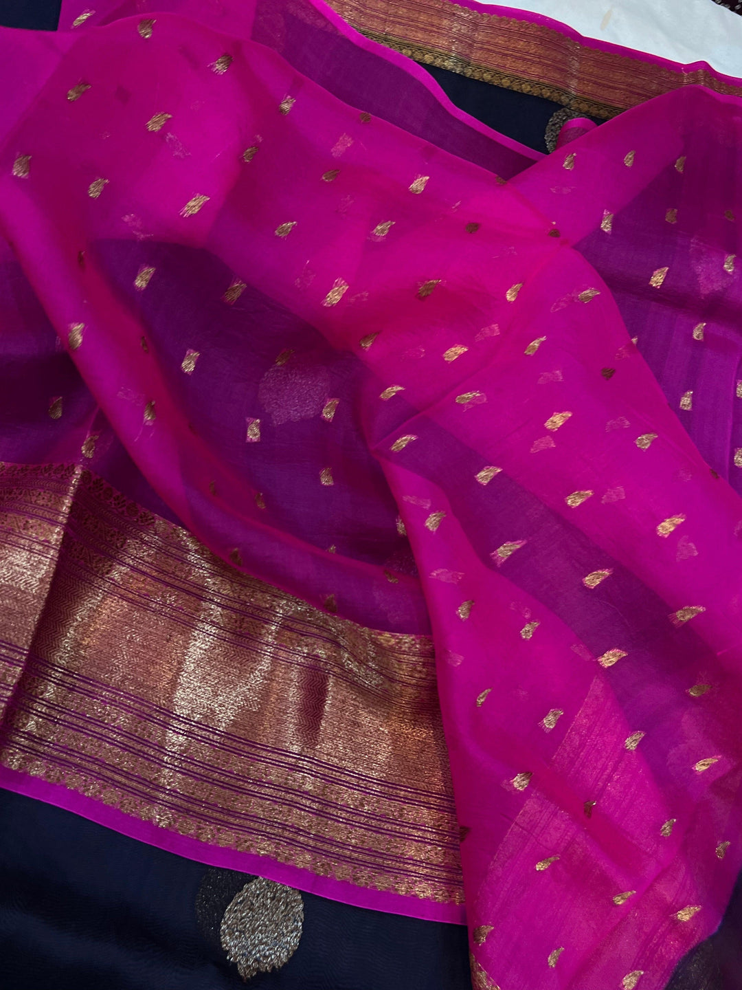 Navy Blue Banarasi Handloom Kora Silk Saree - Aura Benaras