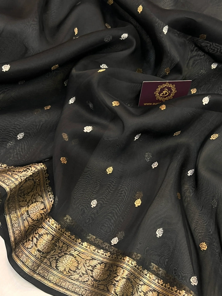Black Banarasi Handloom Kora Silk Saree