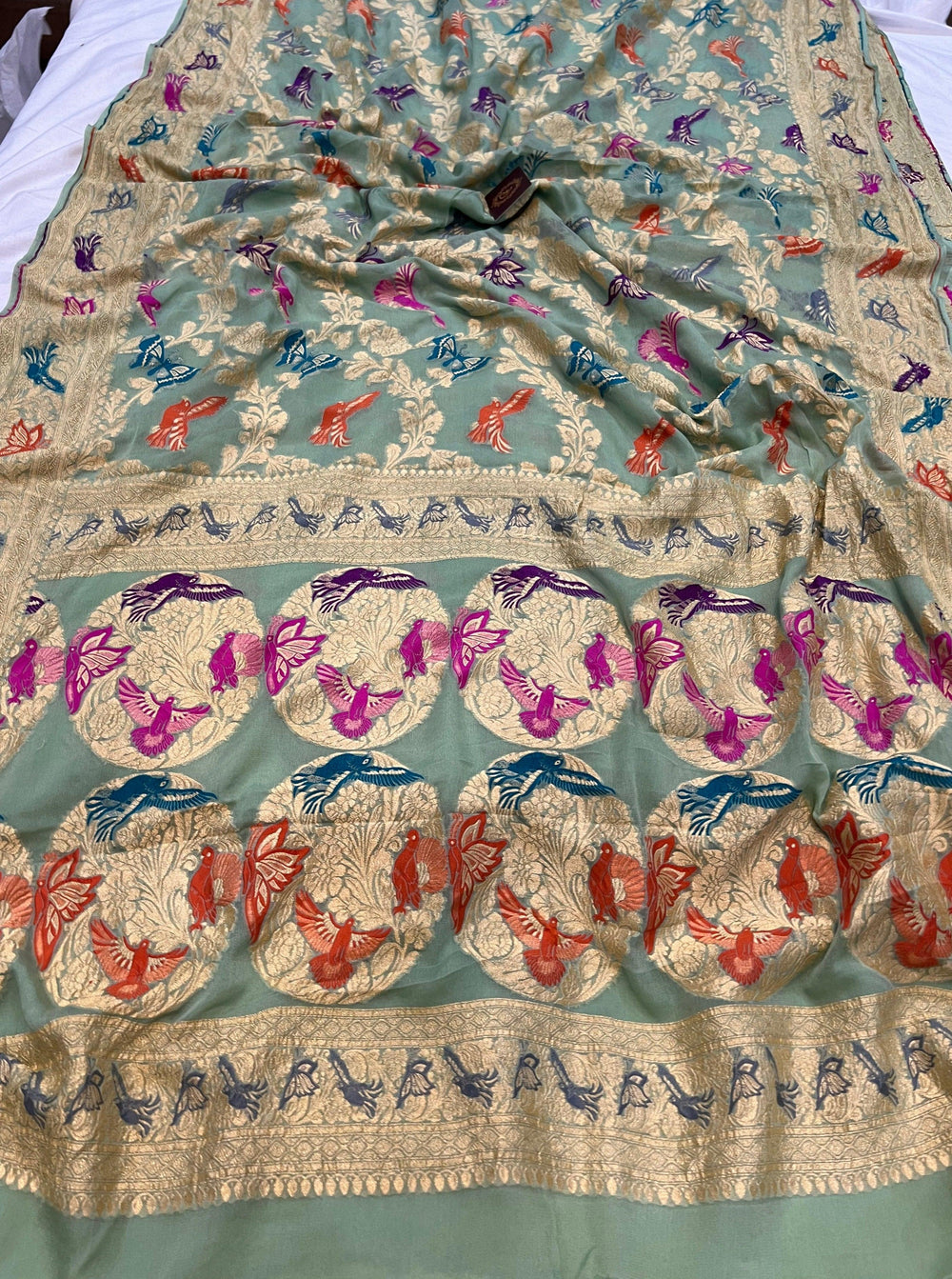 Pastel Green Banarasi Khaddi Georgette Saree - Aura Benaras