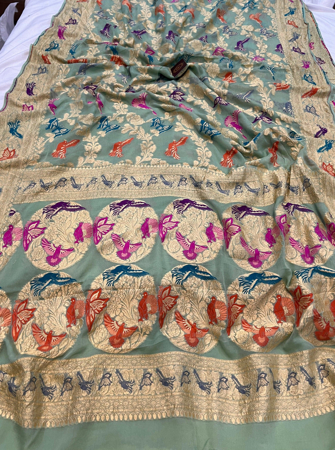 Pastel Green Banarasi Khaddi Georgette Saree - Aura Benaras