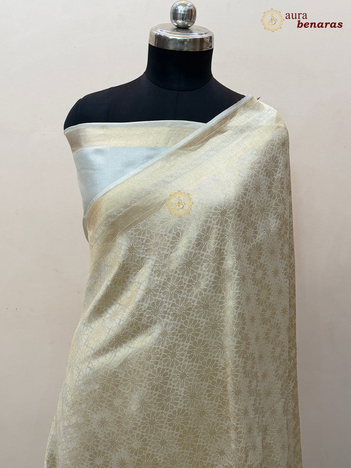 Cream Katan Silk Banarasi Saree with Floral Brocade Work