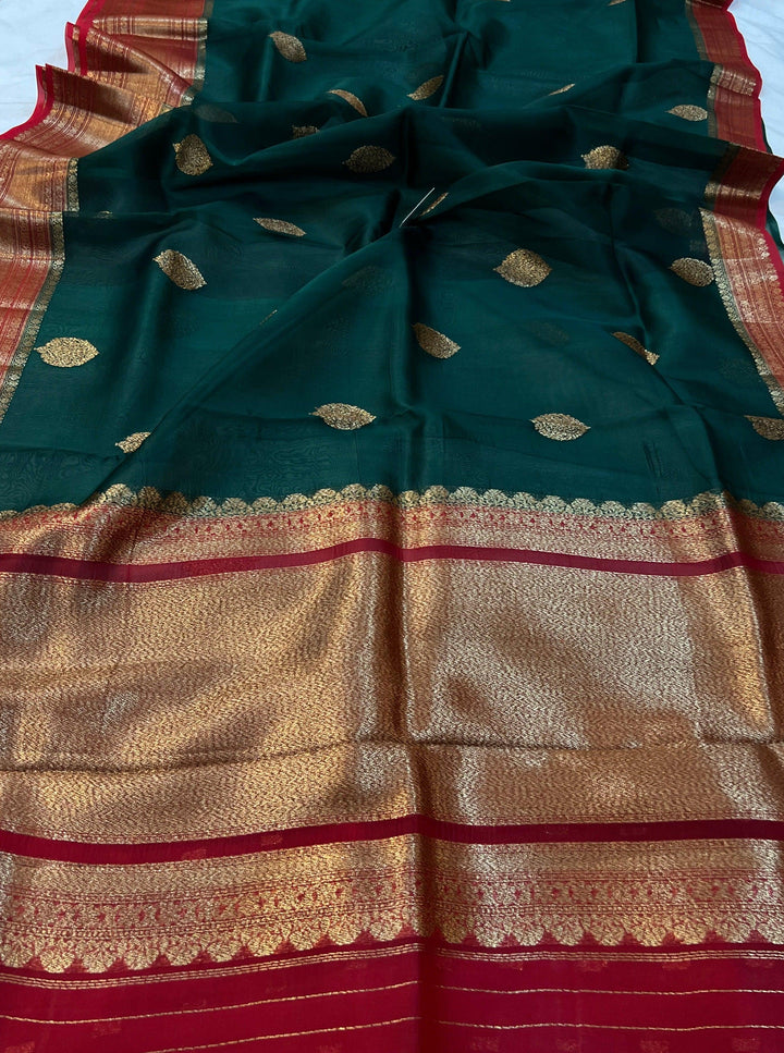 Bottle Green Banarasi Handloom Kora Silk Saree - Aura Benaras