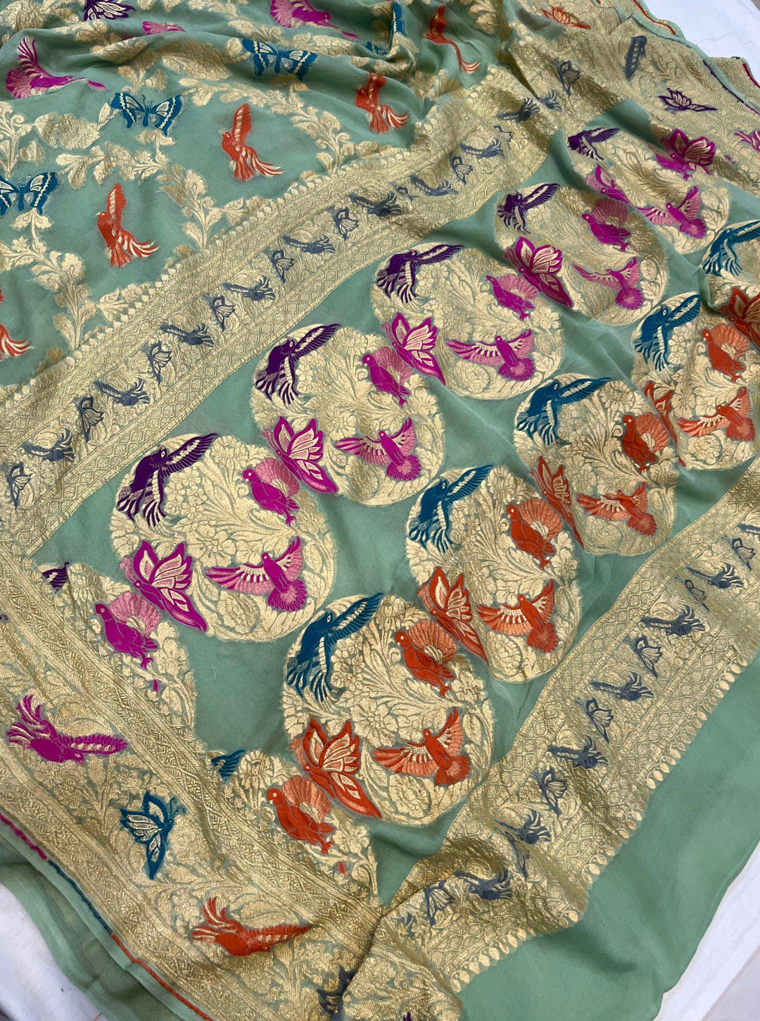 Pastel Green Banarasi Khaddi Georgette Saree - Aura Benaras