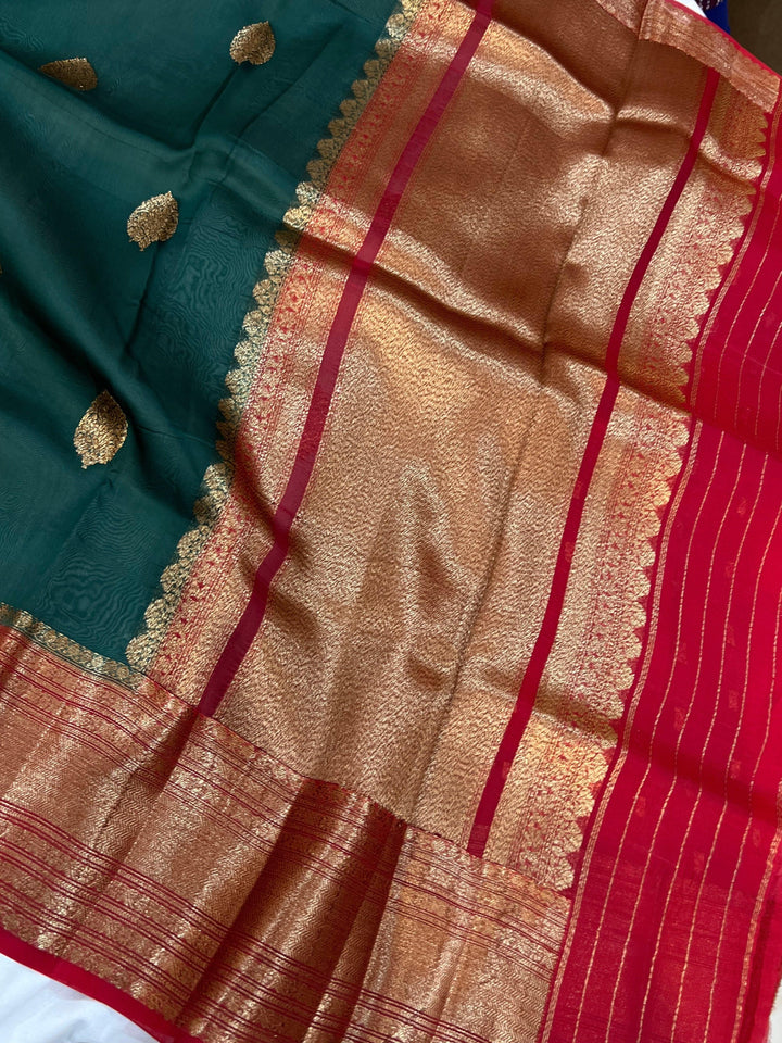 Bottle Green Banarasi Handloom Kora Silk Saree - Aura Benaras