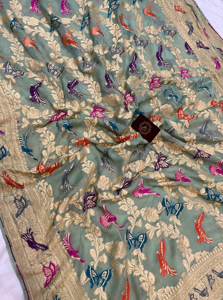 Pastel Green Banarasi Khaddi Georgette Saree - Aura Benaras