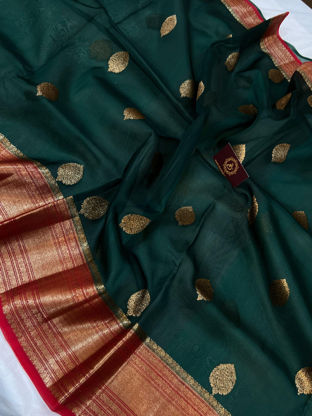 Bottle Green Banarasi Handloom Kora Silk Saree - Aura Benaras