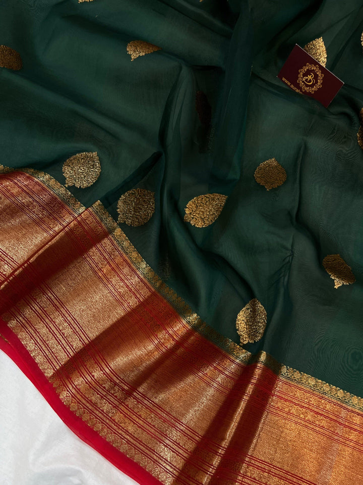 Bottle Green Banarasi Handloom Kora Silk Saree - Aura Benaras