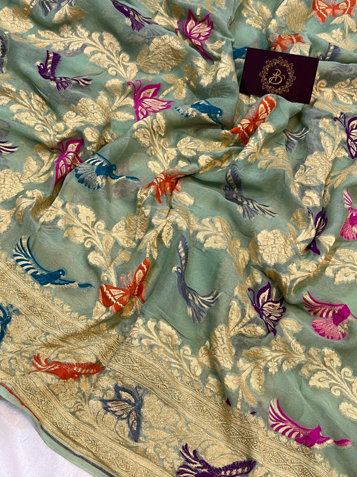 Pastel Green Banarasi Khaddi Georgette Saree - Aura Benaras