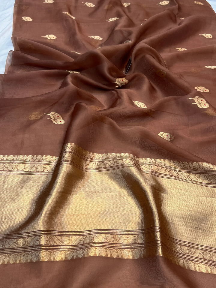 Pantone Brown Pure Kora Silk Handloom Banarasi Saree