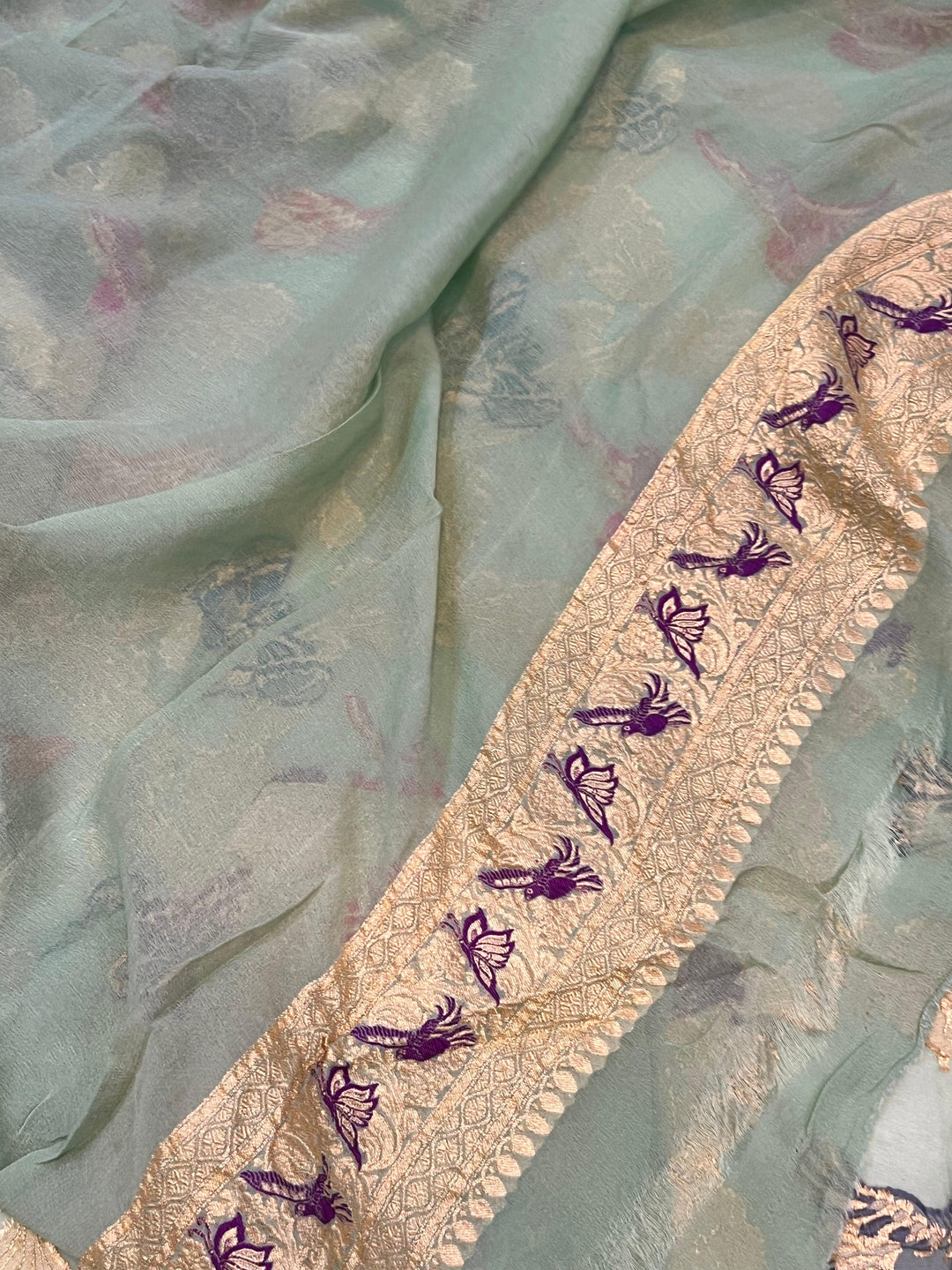 Pastel Green Banarasi Khaddi Georgette Saree - Aura Benaras