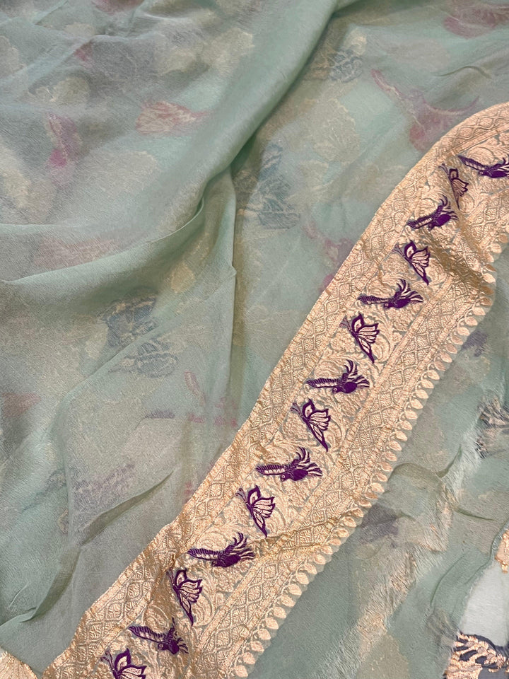 Pastel Green Banarasi Khaddi Georgette Saree - Aura Benaras