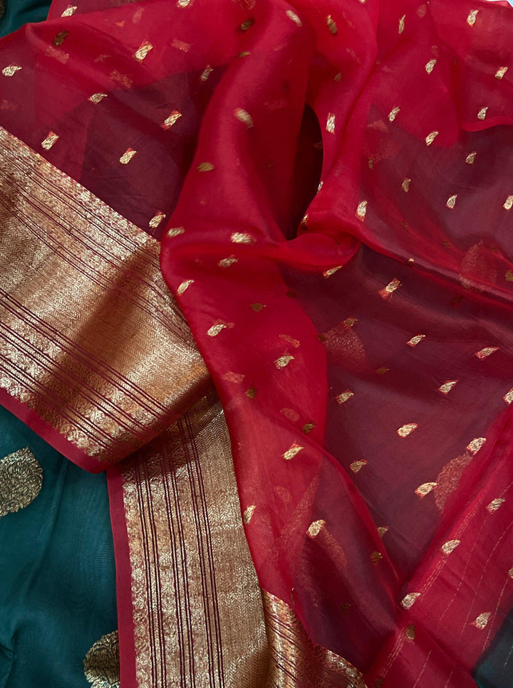 Bottle Green Banarasi Handloom Kora Silk Saree - Aura Benaras