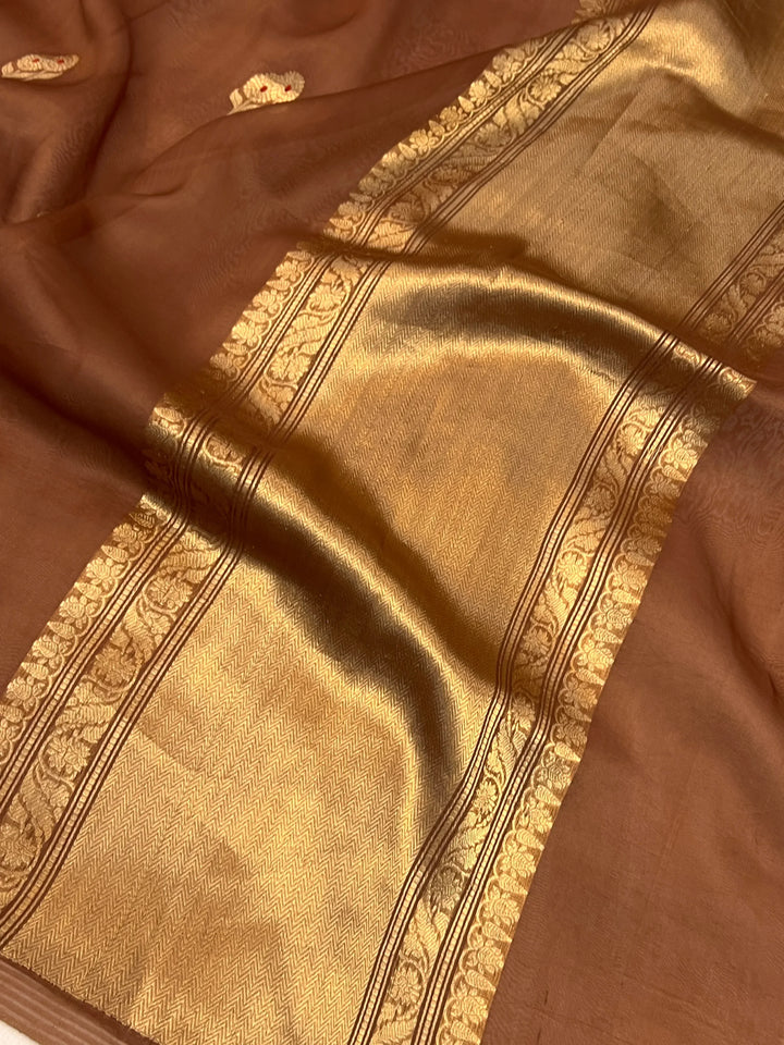 Pantone Brown Pure Kora Silk Handloom Banarasi Saree