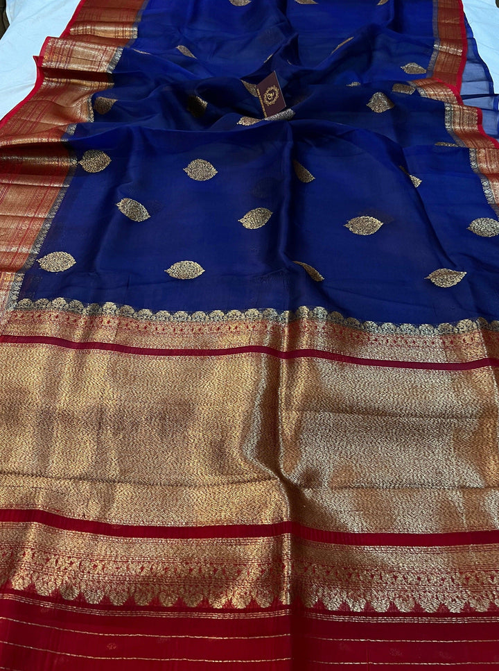 Navy Blue Banarasi Handloom Kora Silk Saree - Aura Benaras