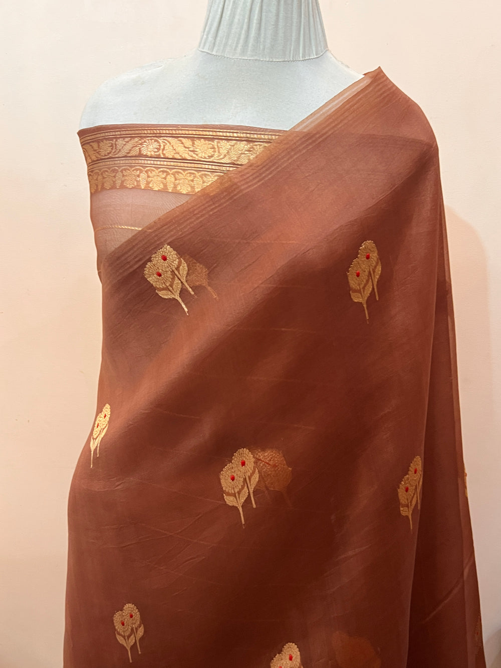 Pantone Brown Pure Kora Silk Handloom Banarasi Saree