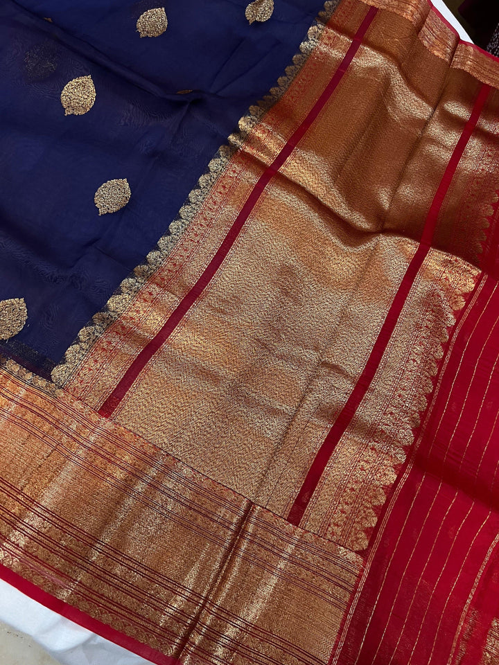 Navy Blue Banarasi Handloom Kora Silk Saree - Aura Benaras