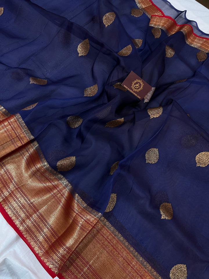Navy Blue Banarasi Handloom Kora Silk Saree - Aura Benaras