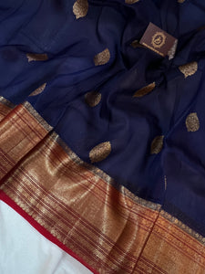 Navy Blue Banarasi Handloom Kora Silk Saree - Aura Benaras
