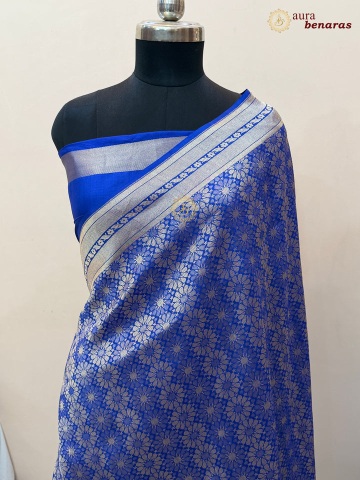 Royal Blue Katan Silk Banarasi Saree with Floral Brocade Work