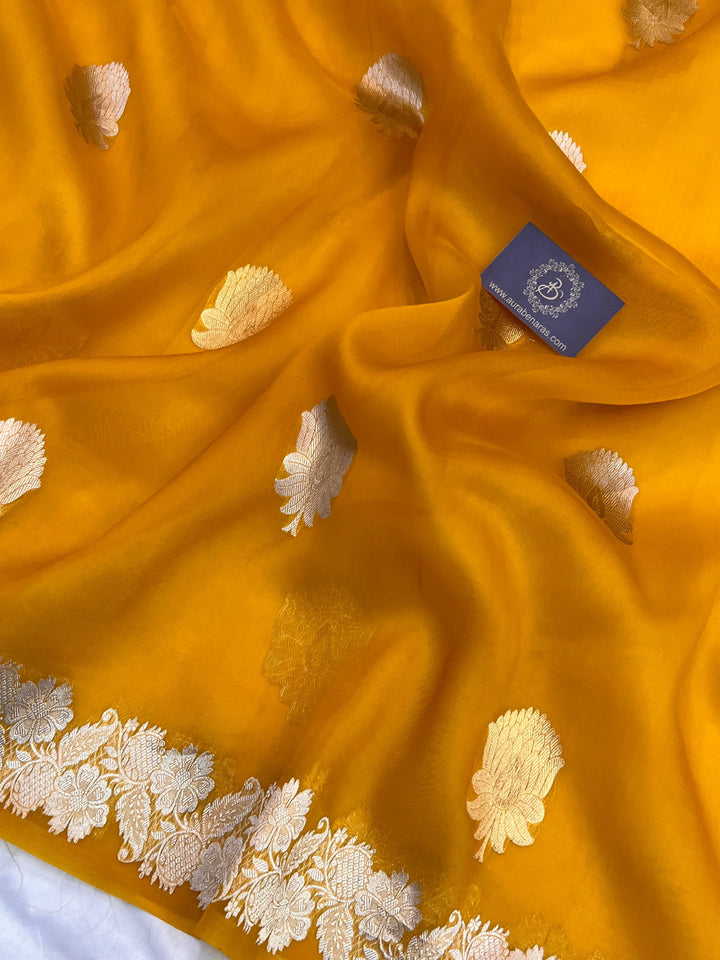 Yellow Pure Kora Silk Handloom Banarasi Saree
