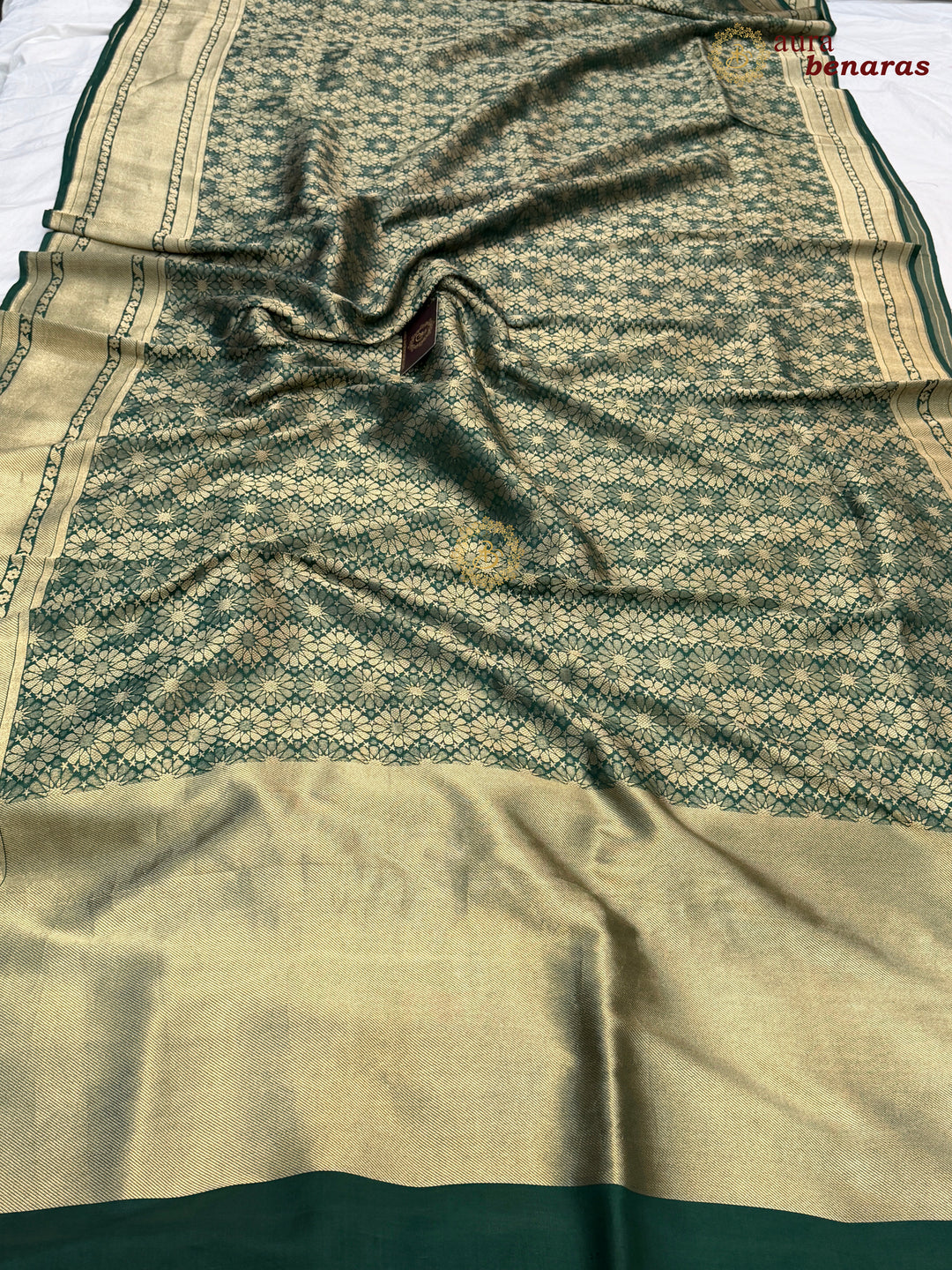 Bottle Green Katan Silk Banarasi Saree with Floral Brocade Work