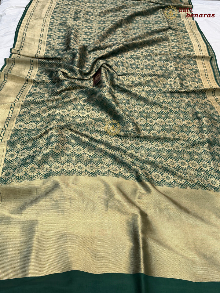 Bottle Green Katan Silk Banarasi Saree with Floral Brocade Work