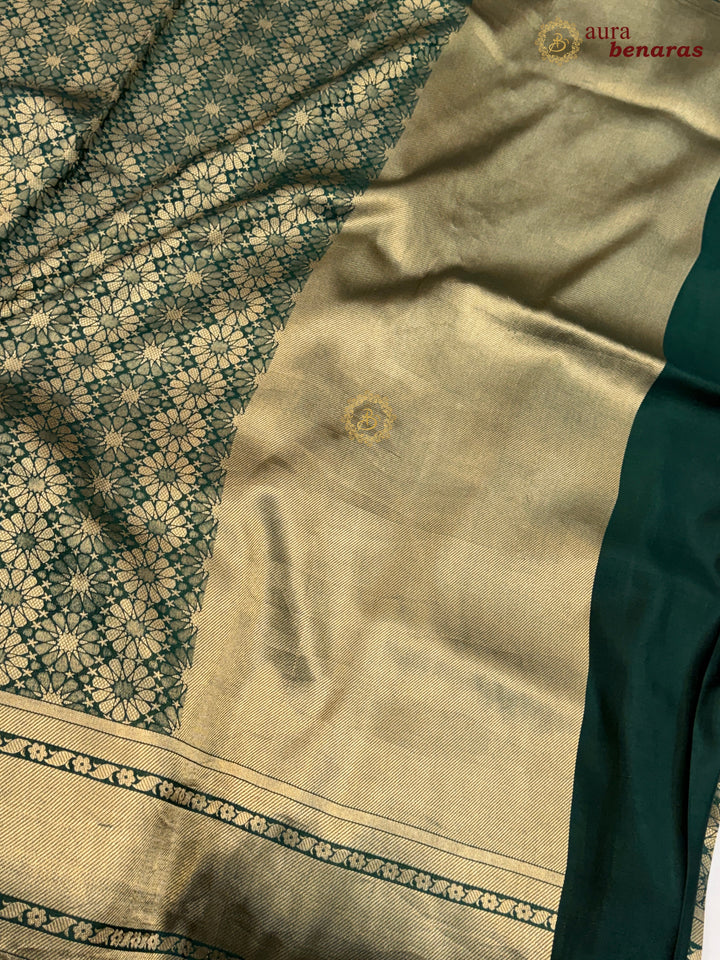 Bottle Green Katan Silk Banarasi Saree with Floral Brocade Work
