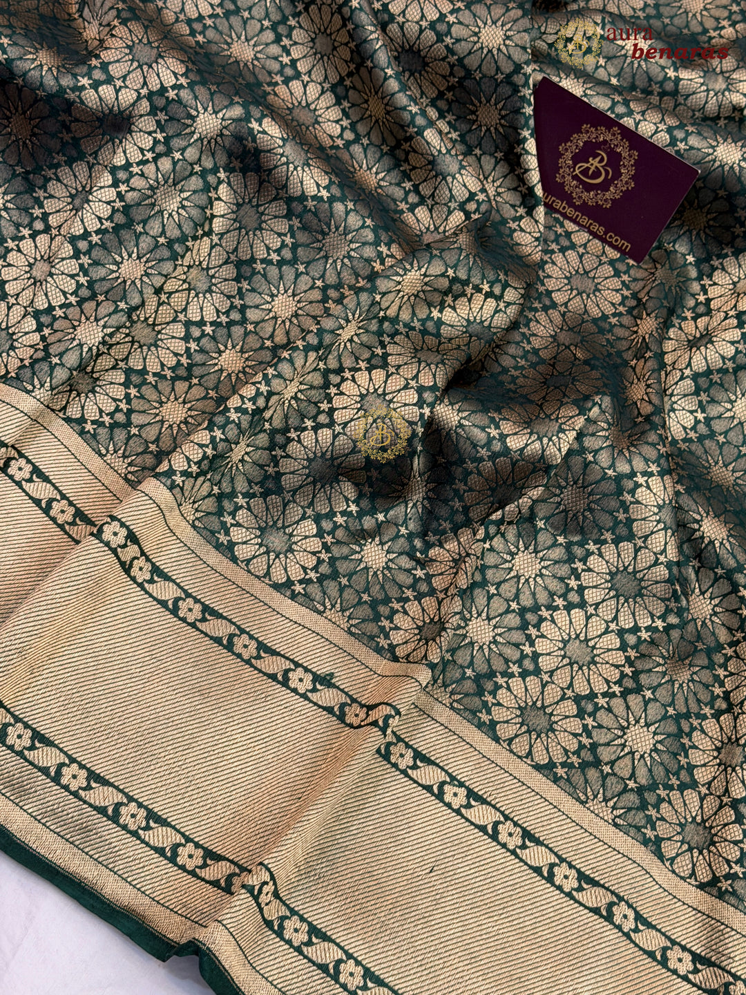 Bottle Green Katan Silk Banarasi Saree with Floral Brocade Work