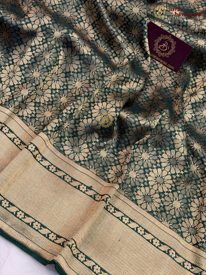 Bottle Green Katan Silk Banarasi Saree with Floral Brocade Work