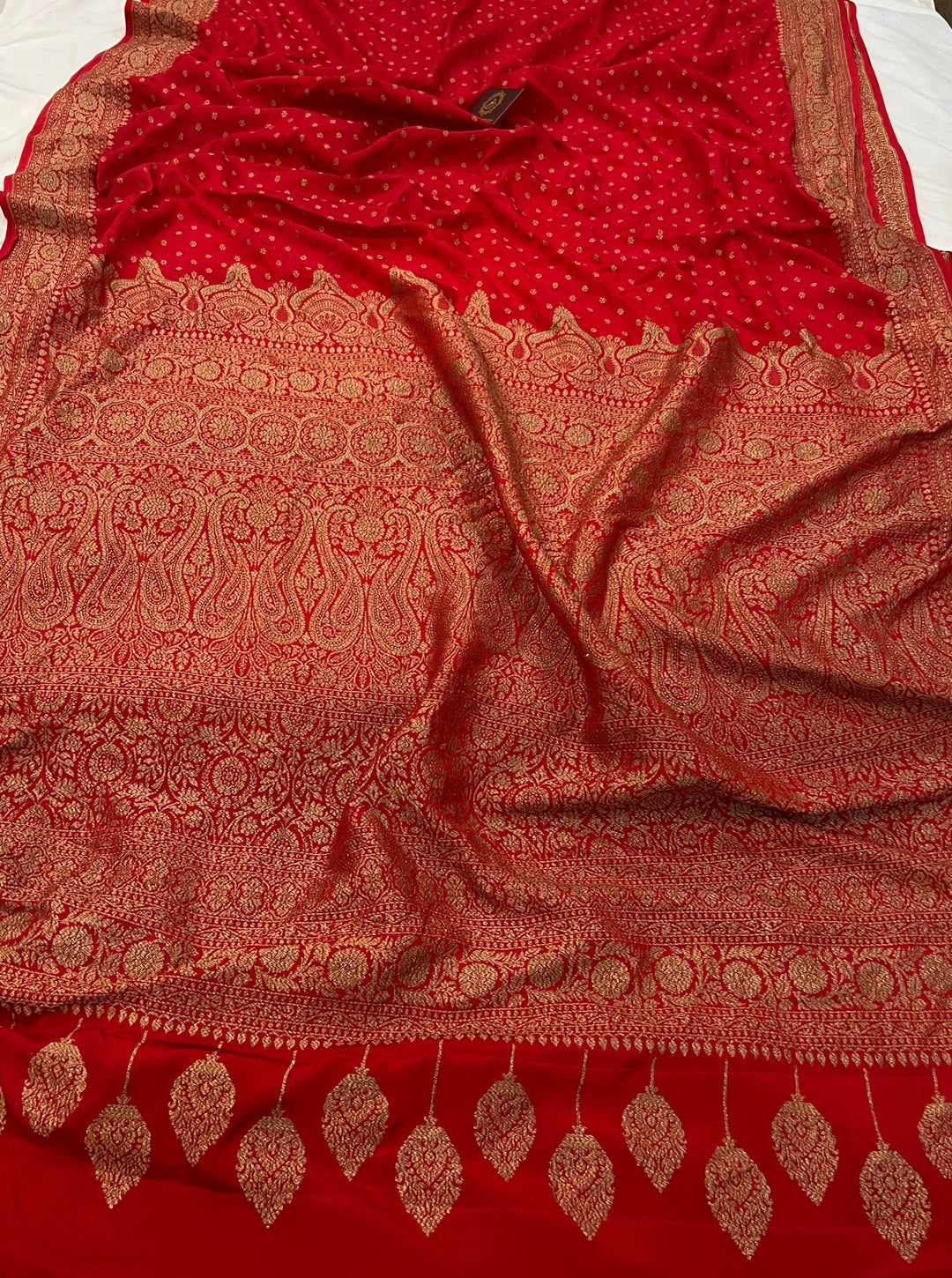 Red Pure Banarasi Khaddi Crepe Silk Saree - Aura Benaras