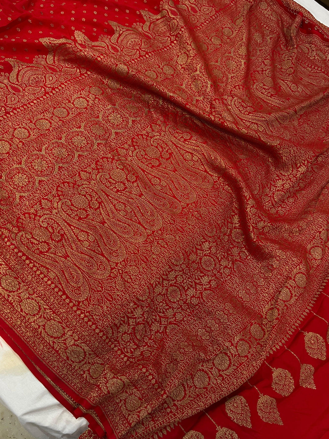 Red Pure Banarasi Khaddi Crepe Silk Saree - Aura Benaras