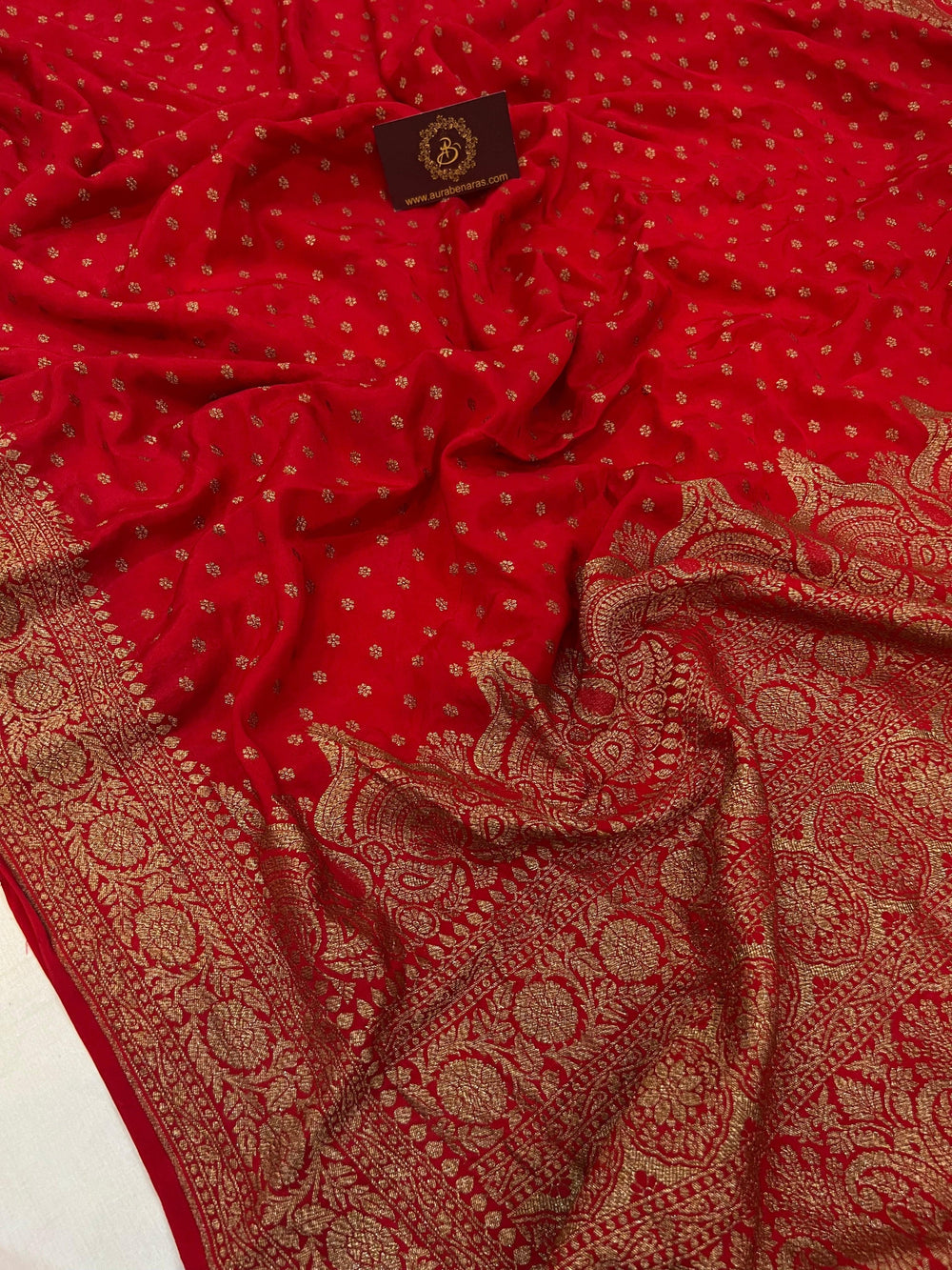 Red Pure Banarasi Khaddi Crepe Silk Saree - Aura Benaras