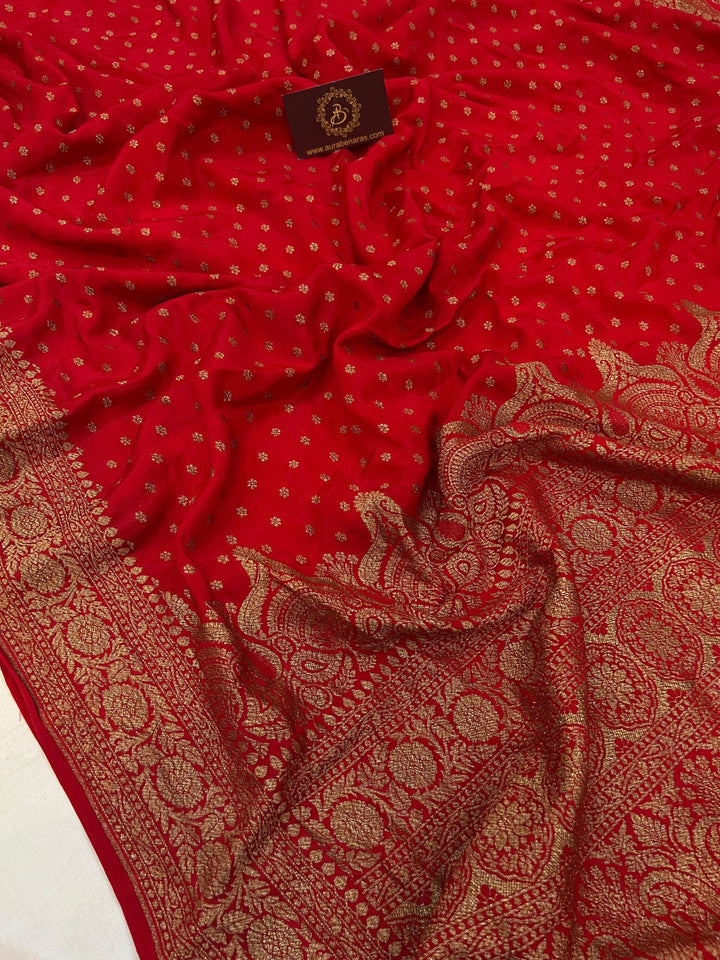 Red Pure Banarasi Khaddi Crepe Silk Saree - Aura Benaras