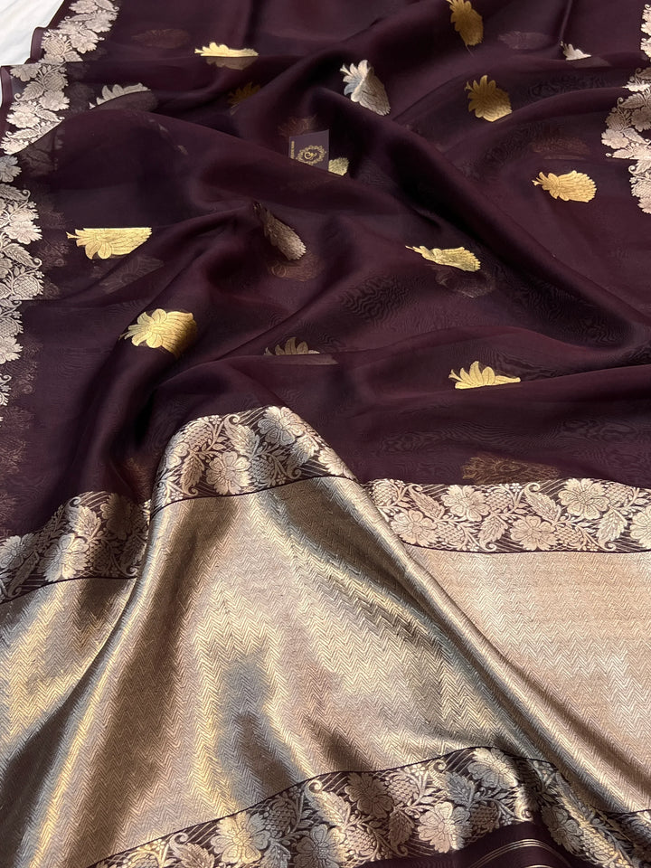 Brown Pure Kora Silk Handloom Banarasi Saree