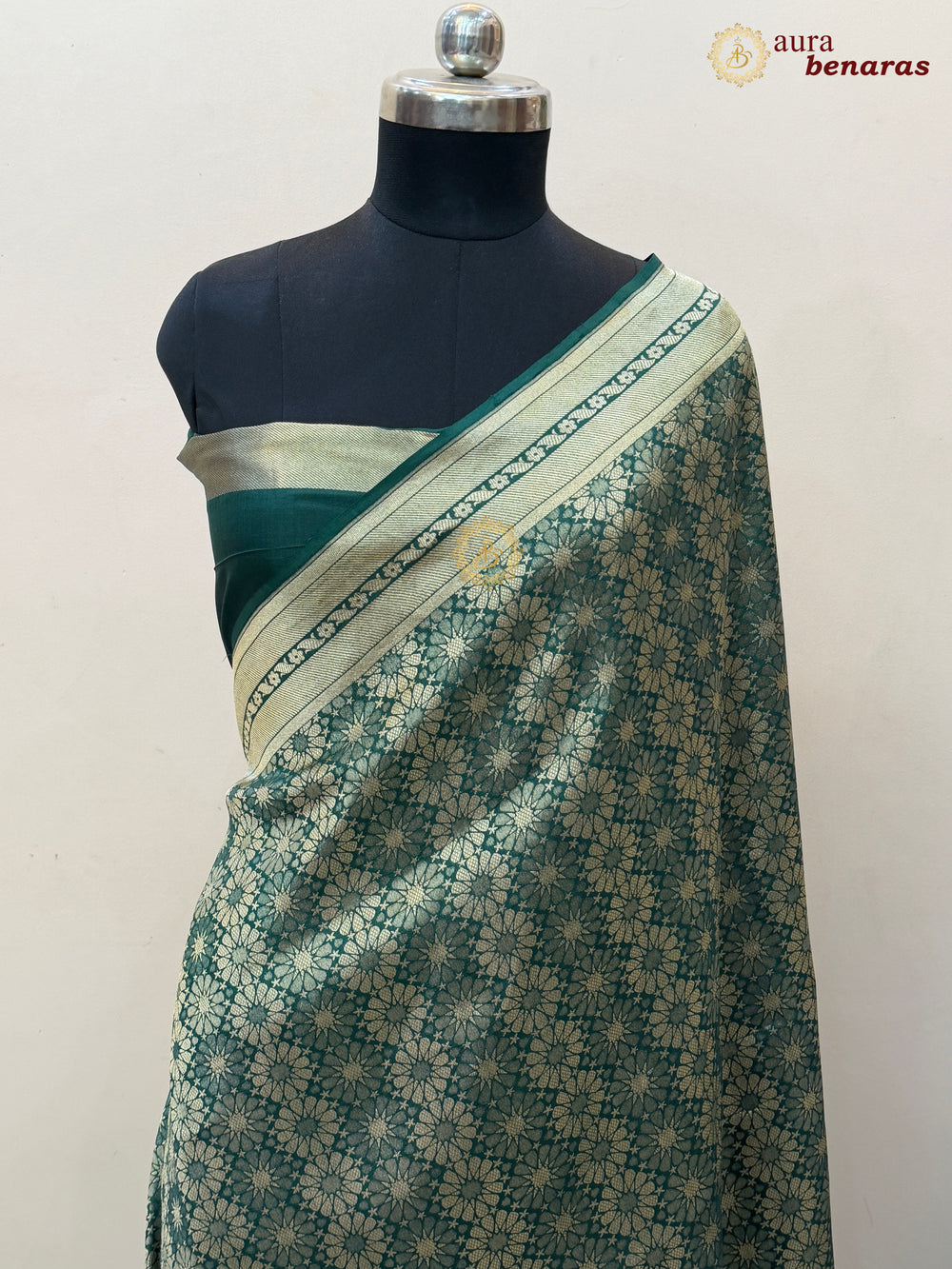 Bottle Green Katan Silk Banarasi Saree with Floral Brocade Work