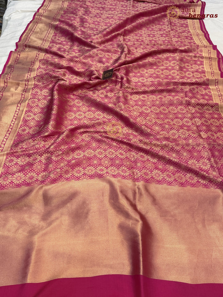 Rani Pink Katan Silk Banarasi Saree with Floral Brocade Work