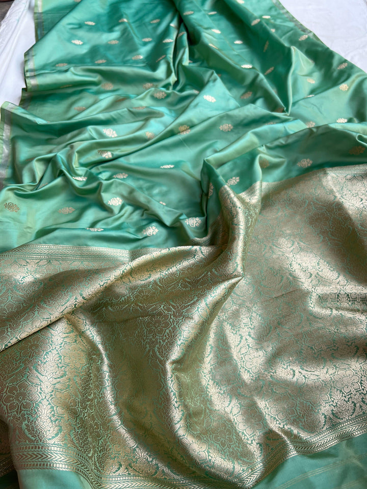 Pista Green Banarasi Handloom Katan Satin Silk Saree - Aura Benaras
