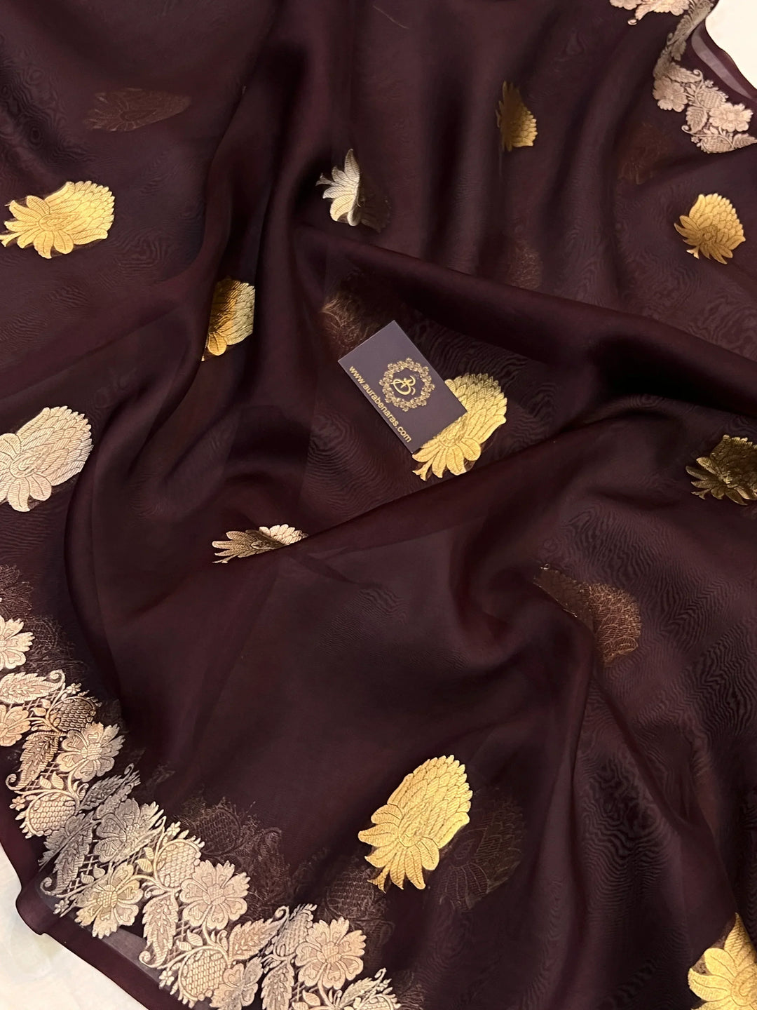 Brown Pure Kora Silk Handloom Banarasi Saree