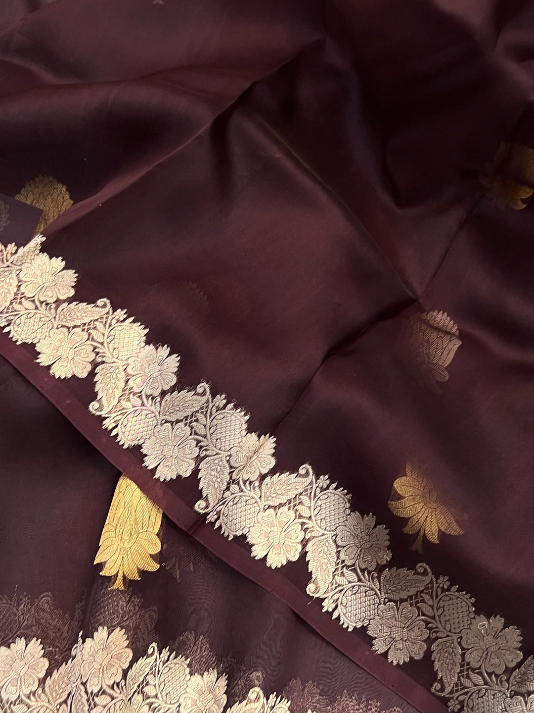 Brown Pure Kora Silk Handloom Banarasi Saree