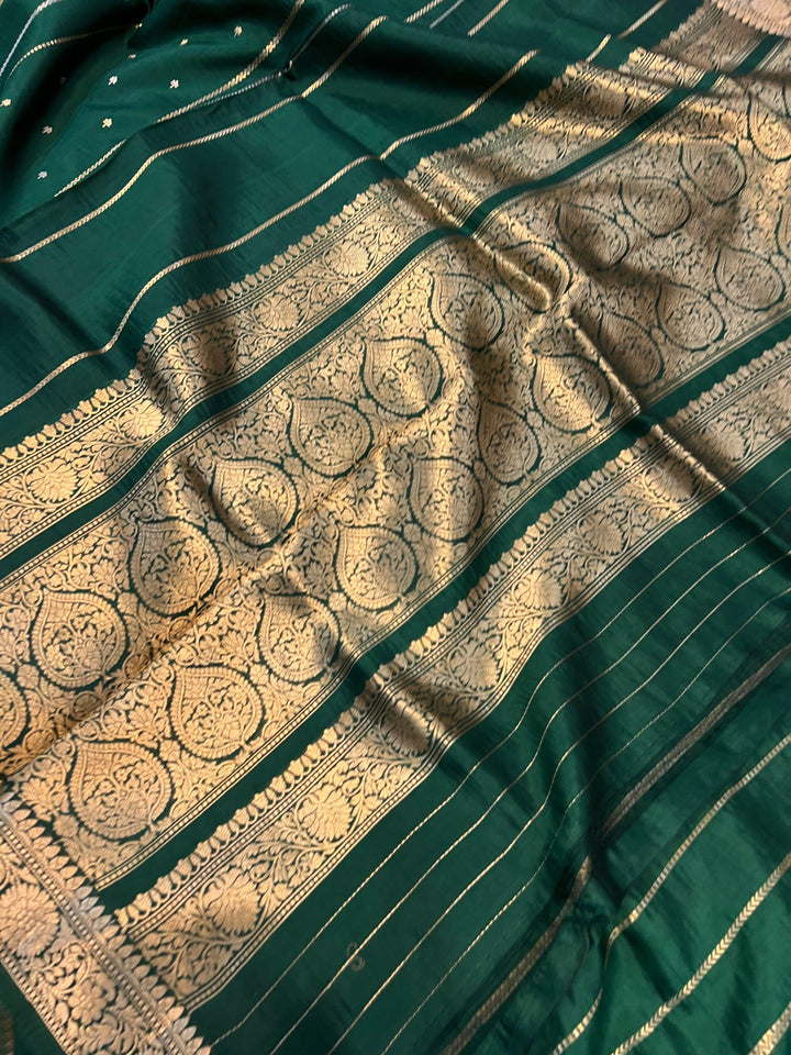 Bottle Green Pure Banarasi Handloom Silk Saree - Aura Benaras