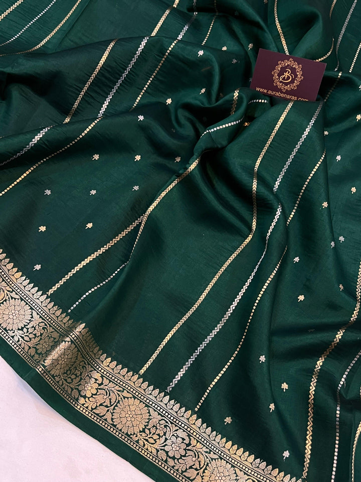 Bottle Green Pure Banarasi Handloom Silk Saree - Aura Benaras