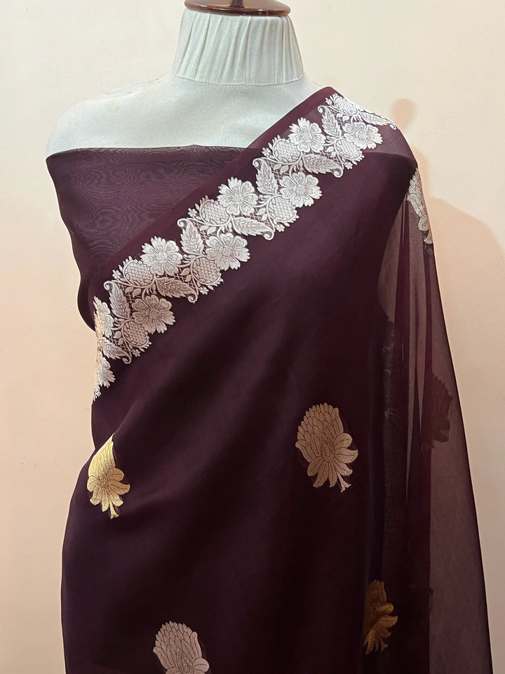 Brown Pure Kora Silk Handloom Banarasi Saree