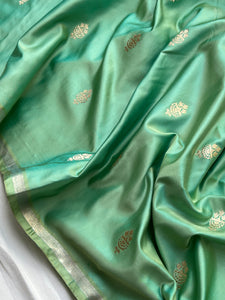 Pista Green Banarasi Handloom Katan Satin Silk Saree - Aura Benaras