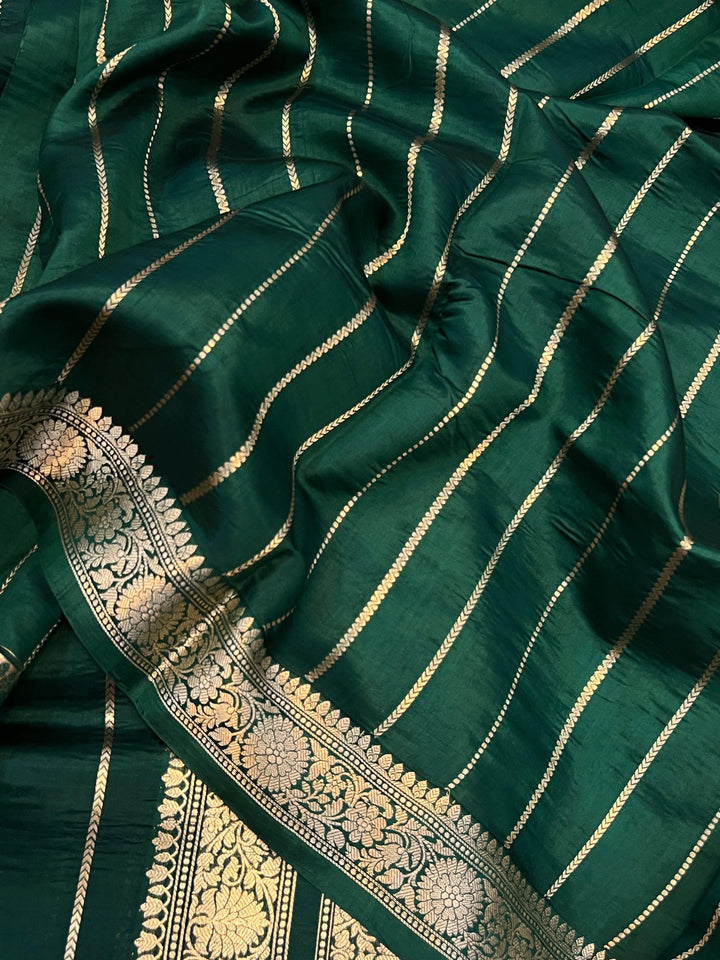 Bottle Green Pure Banarasi Handloom Silk Saree - Aura Benaras