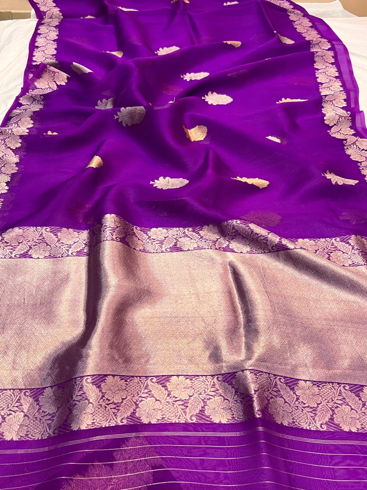 Purple Pure Kora Silk Handloom Banarasi Saree