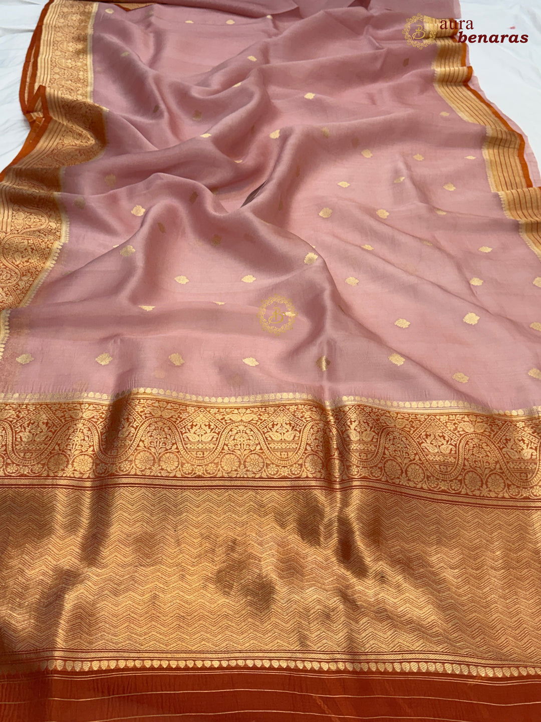 Peach Pure Kora Silk Banarasi Saree with Kadhwa Butis – Aura Benaras