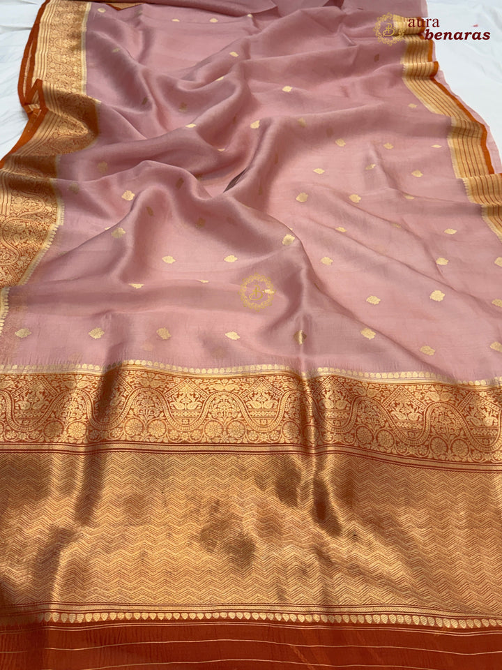 Peach Pure Kora Silk Banarasi Saree with Kadhwa Butis – Aura Benaras