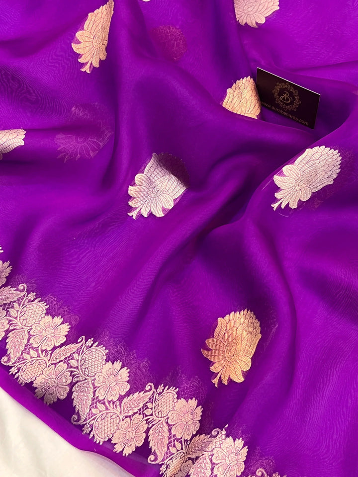 Purple Pure Kora Silk Handloom Banarasi Saree