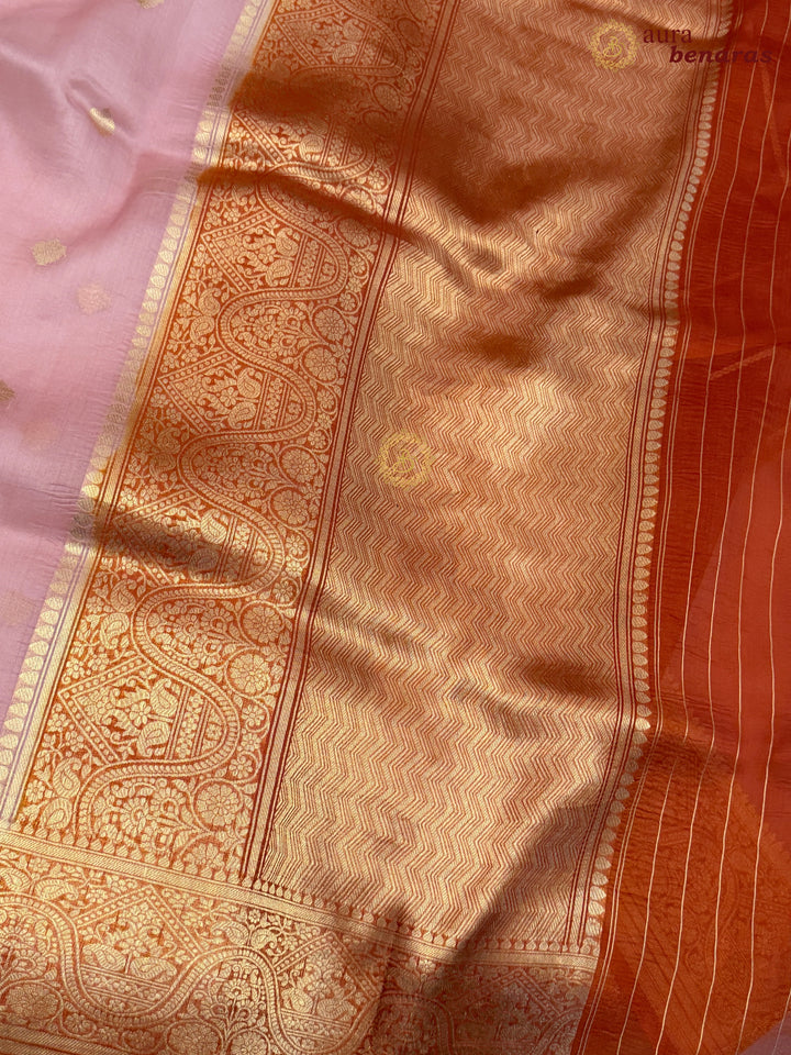Peach Pure Kora Silk Banarasi Saree with Kadhwa Butis – Aura Benaras