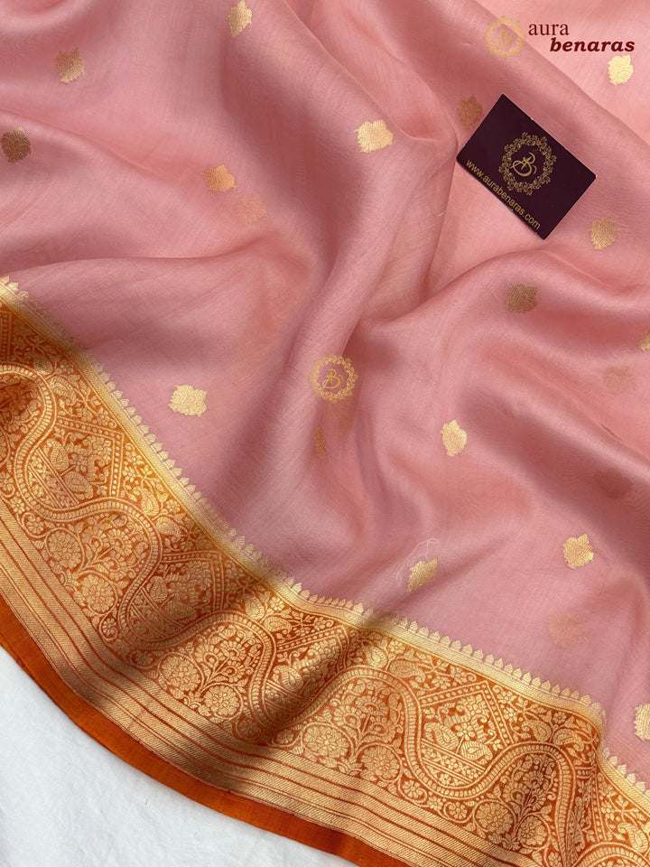 Peach Pure Kora Silk Banarasi Saree with Kadhwa Butis – Aura Benaras